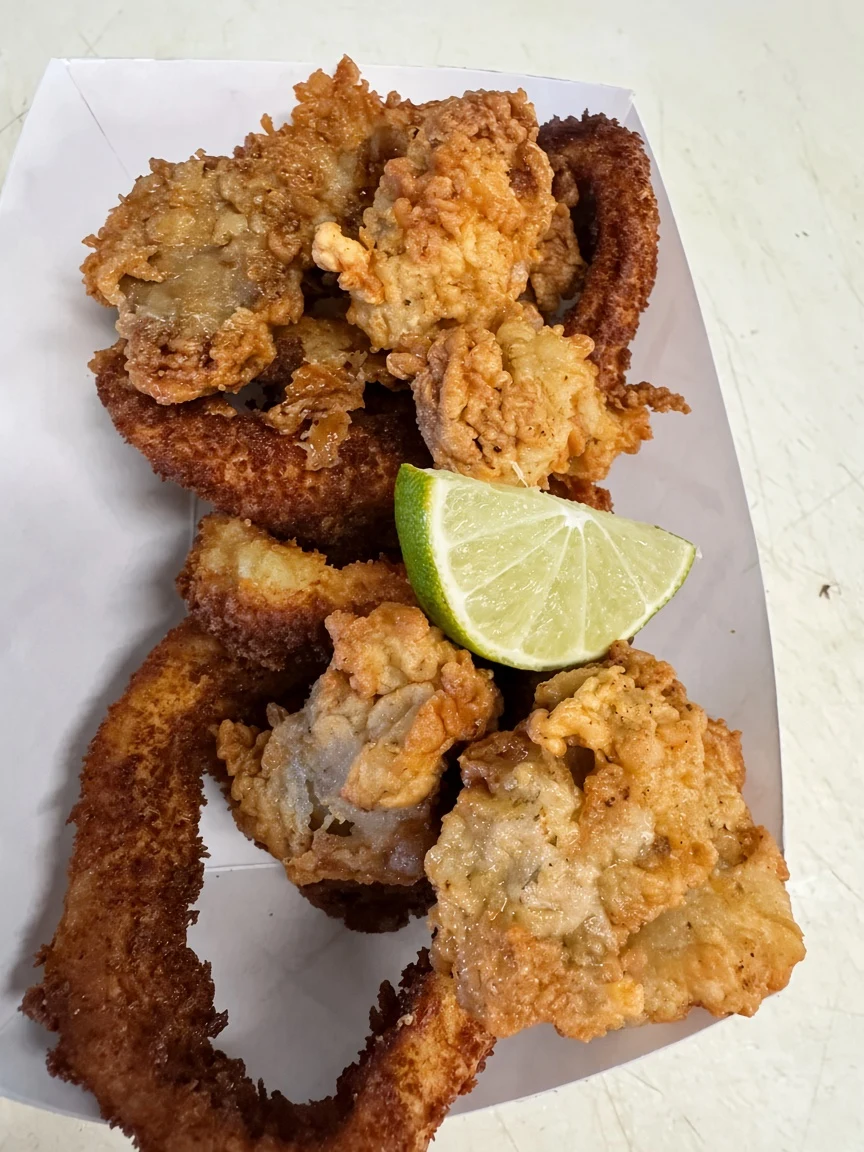 A fried seafood basket with lime