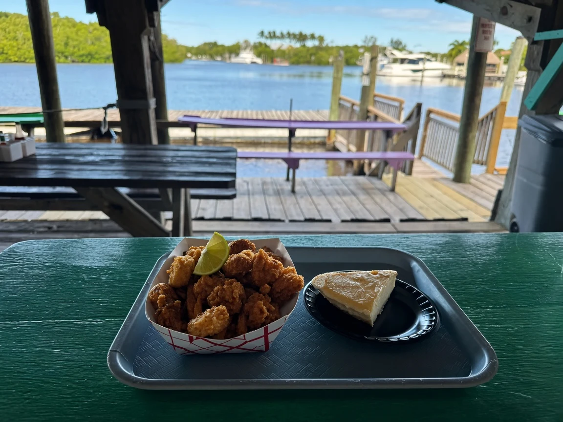 A tray of fried seafood and key lime pie on a dockside table overlooking the Barron River