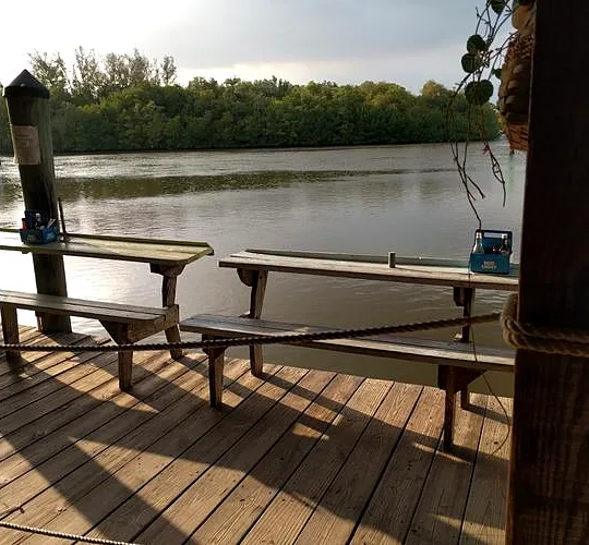 Benches on the dock overlooking the Barron River and mangroves