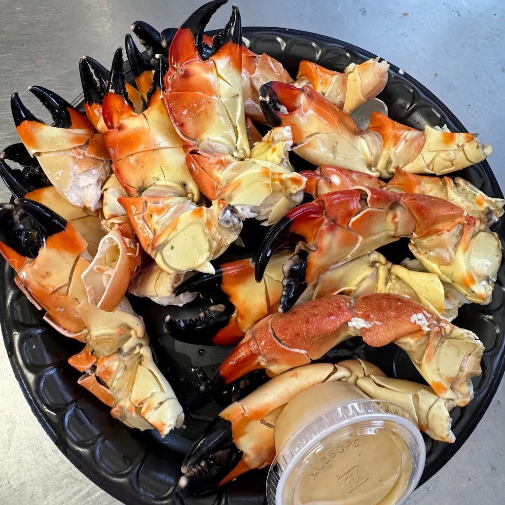 A platter of stone crab claws with mustard sauce